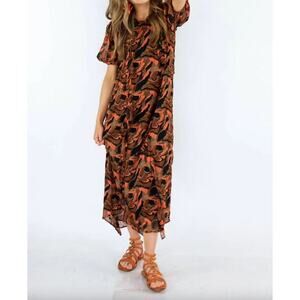NWT Cleobella Earthtone Brown Abstract Floral Paige Midi Dress • Size S